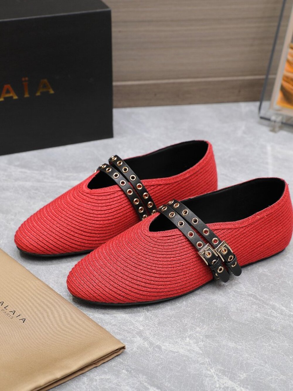 Alaïa Red Knit Double-Buckle Mary Jane Flats